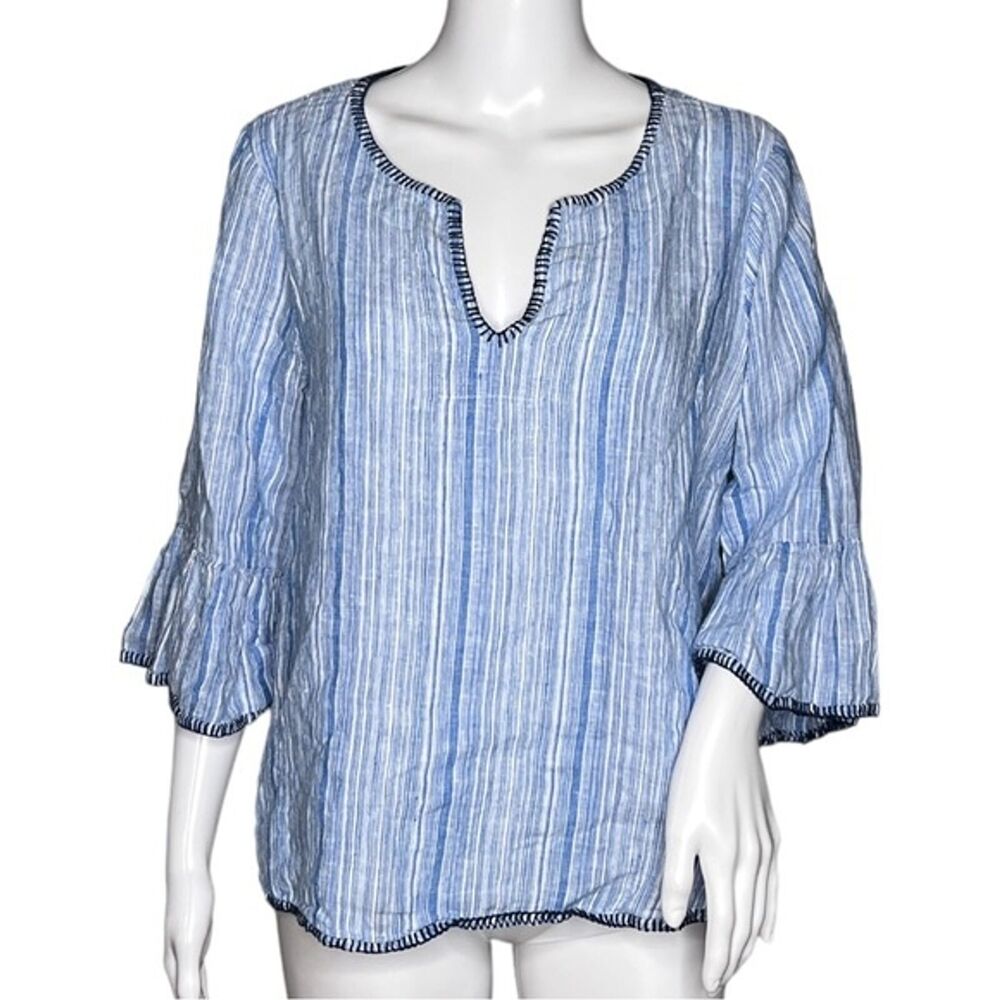 Artisan NY Shirt Womens Large Blue White Stripe Linen Bell Sleeve‎ Boho Peasant